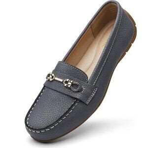 Kordal Women's Grey Leather Gold Accent Buckle Slip-Ons Walking Flats Loafers